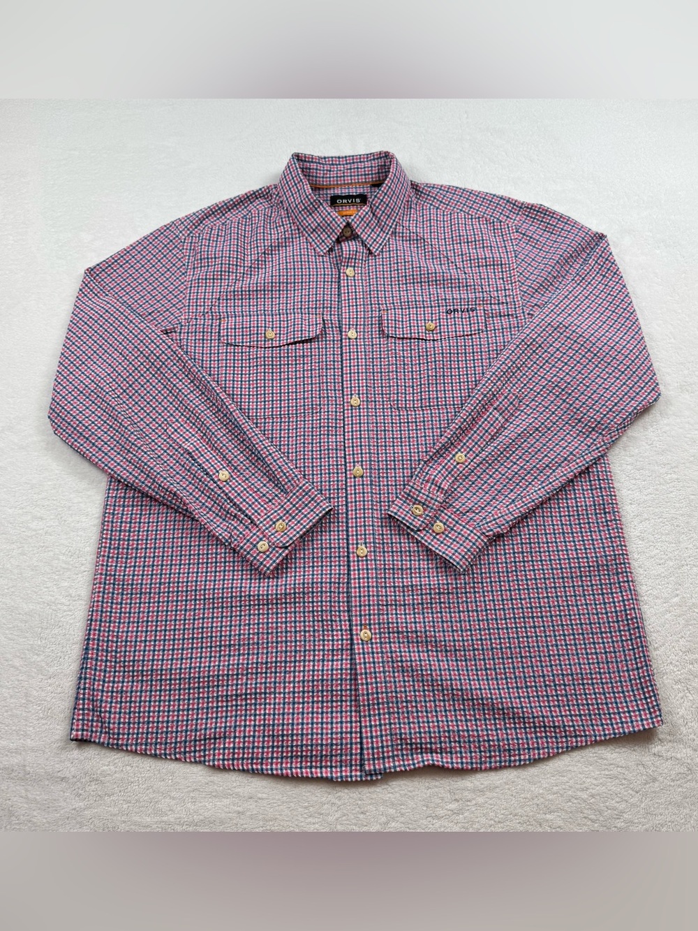 Orvis active fit seersucker shirt men’s size L plaid multicolor buttons down
